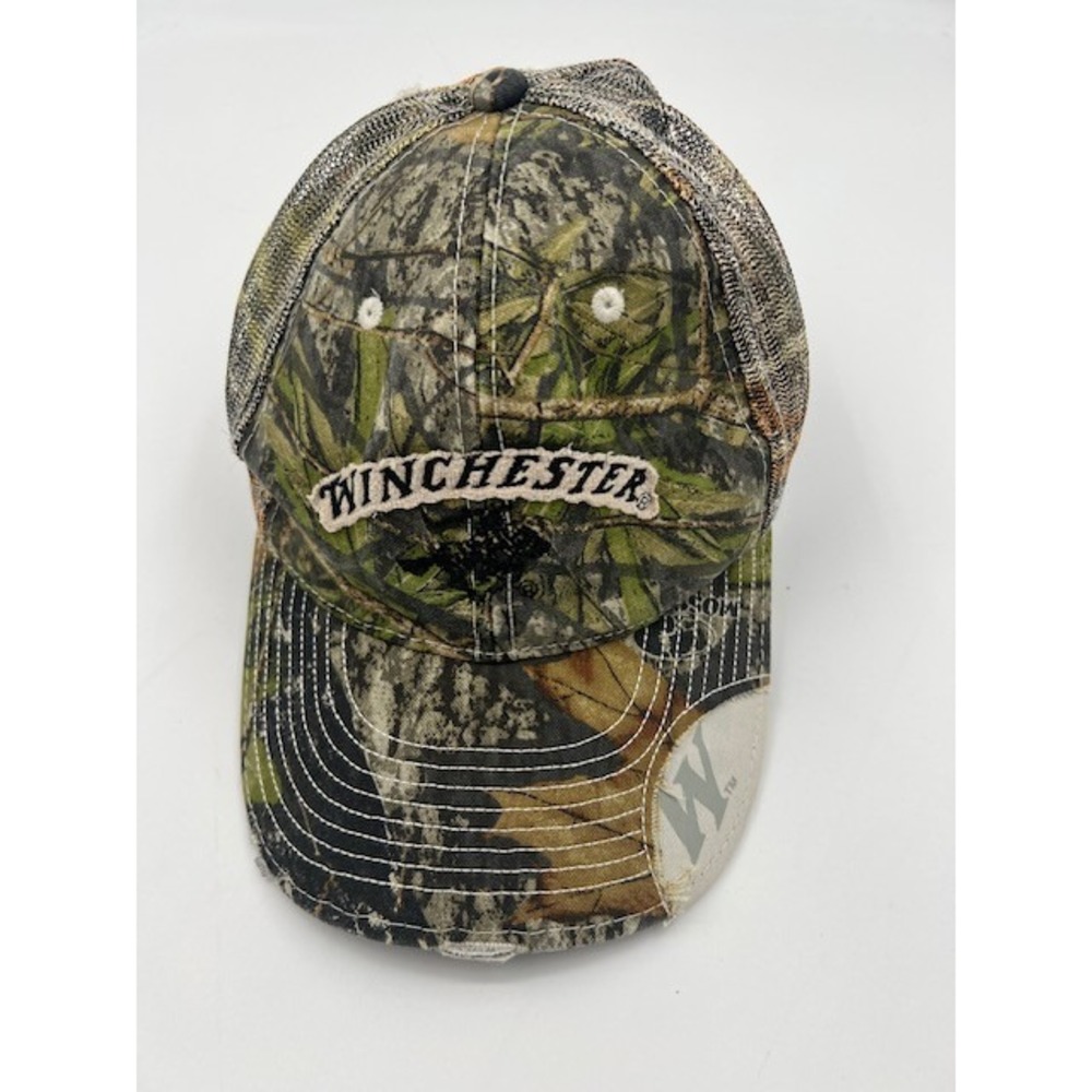 Winchester Mesh Back Camo Trucker Hat Mossy Oak Distressed Logo Hunting Cap